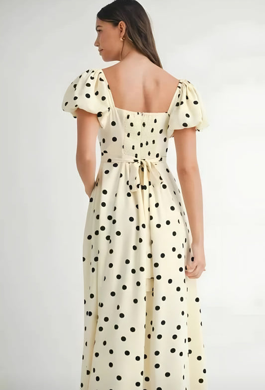Polka Dot Puff Sleeve Midi Dress