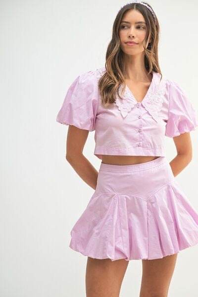 Puff Sleeve Top and Skirt Set: Stylish Button Down Top with Bubble Skirt - Akana Style