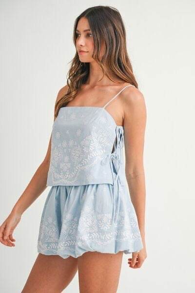 Embroidered Crop Cami Skirt Set with Balloon Mini Skirt - Akana Style