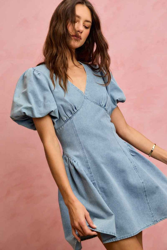 Bubble Sleeves Denim Fit And Flare Mini Dress