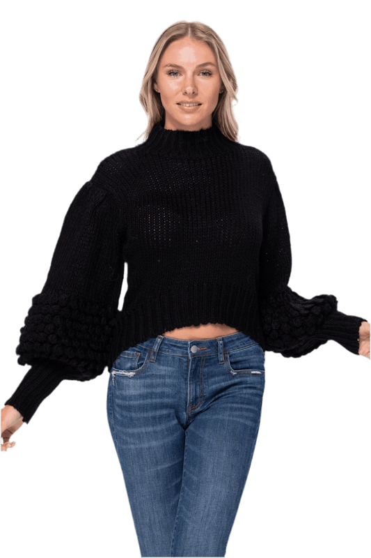 Pom Sleeve Sweater Top - Stylish and Cozy Pom Sleeve Sweater