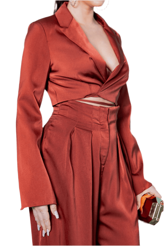 Wrap Style Blazer and Pants Set - Chic Crop Blazer with Wide Leg Pants - Akana