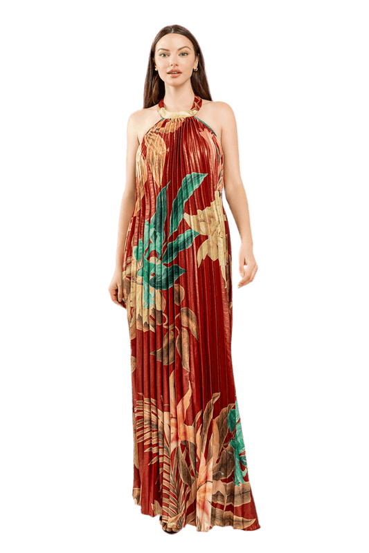 PLEATED FLORAL HALTER MAXI DRESS - Effortless Elegance Awaits, Shop Now - Akana Style
