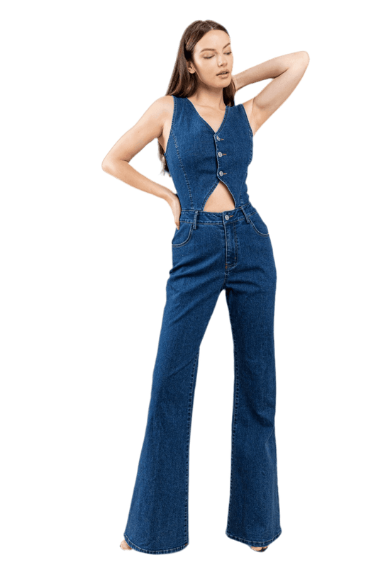Cut Out Bootcut Denim Jumpsuit for Effortless Style - Akana Style