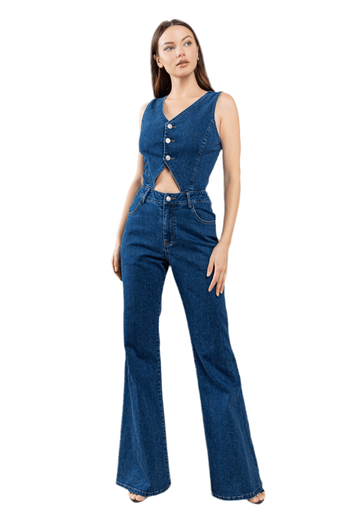 CUT OUT BOOTCUT DENIM JUMPSUIT