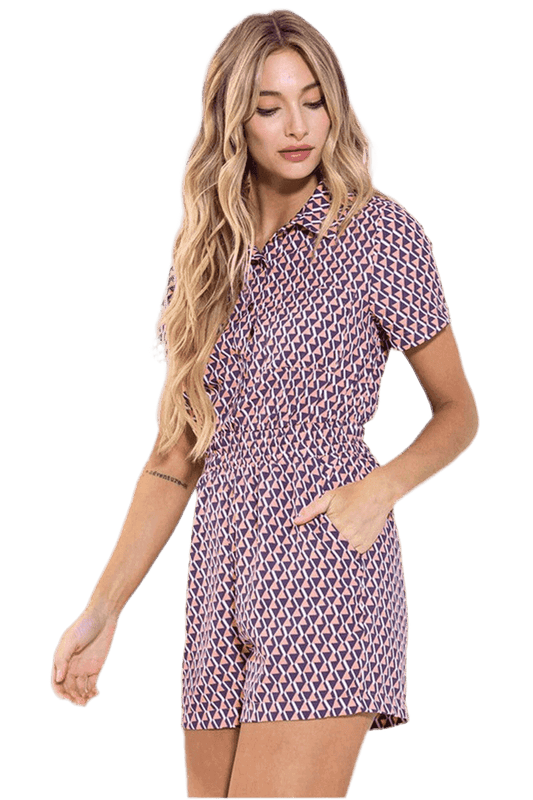 Geo Print Romper - Short-Sleeve Button-Down Style - Akana Style