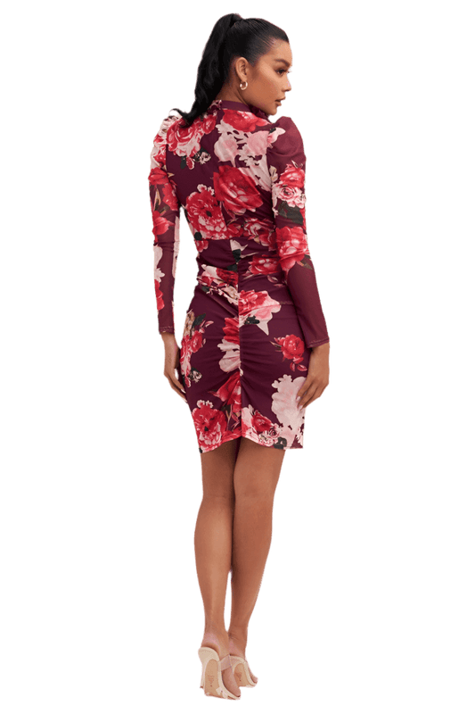 Rose Mesh Midi Dress - Elegant Shirred Women's Fashion