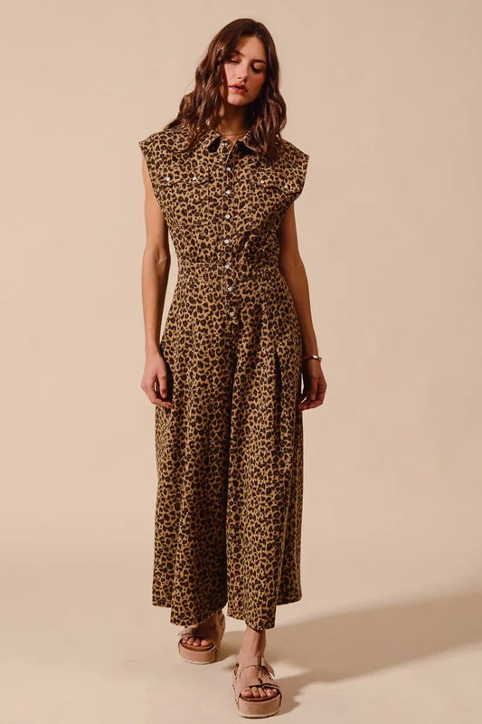 Wide Leg Leopard Twill Overalls Jumpsuit with Tuck - Akana