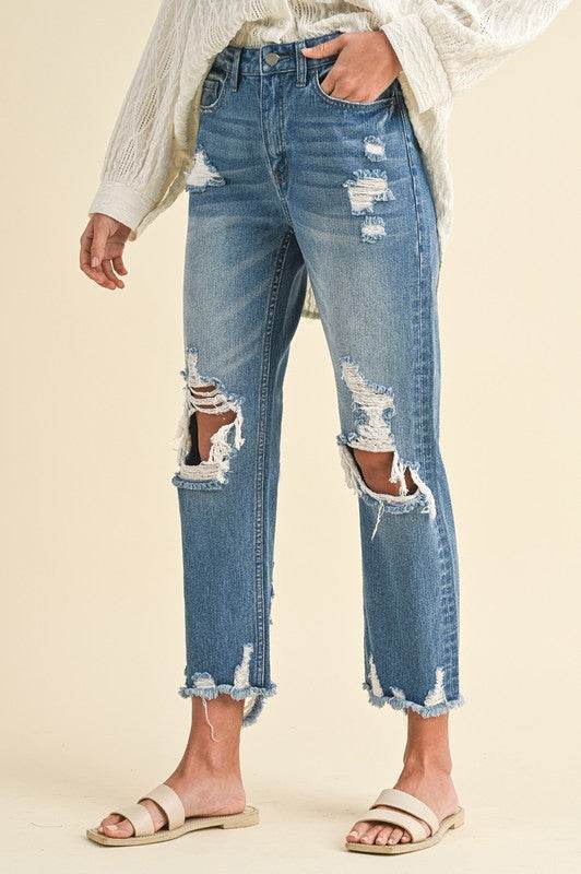 Distressed Cropped Jeans with Raw Hem for Trendy Style - Akana Style