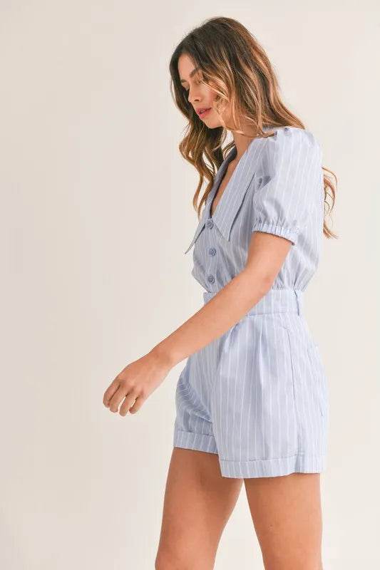 Striped Puff Sleeve Romper with Collared Neck - Akana Style