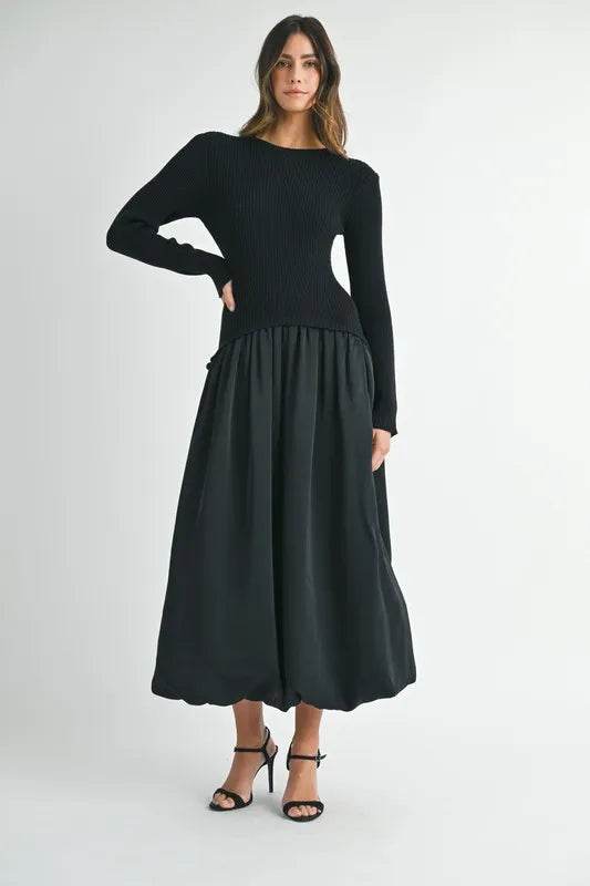 Ribbed Midi Sweater Dress in Poplin Mix for Effortless Style - Akana Style