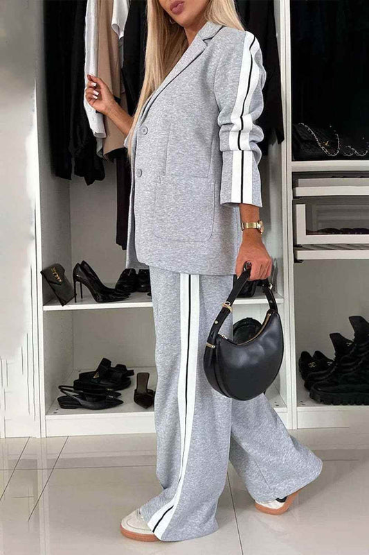 Full Size Contrast Lapel Collar Set - Stylish Top and Pants Outfit - Akana Style