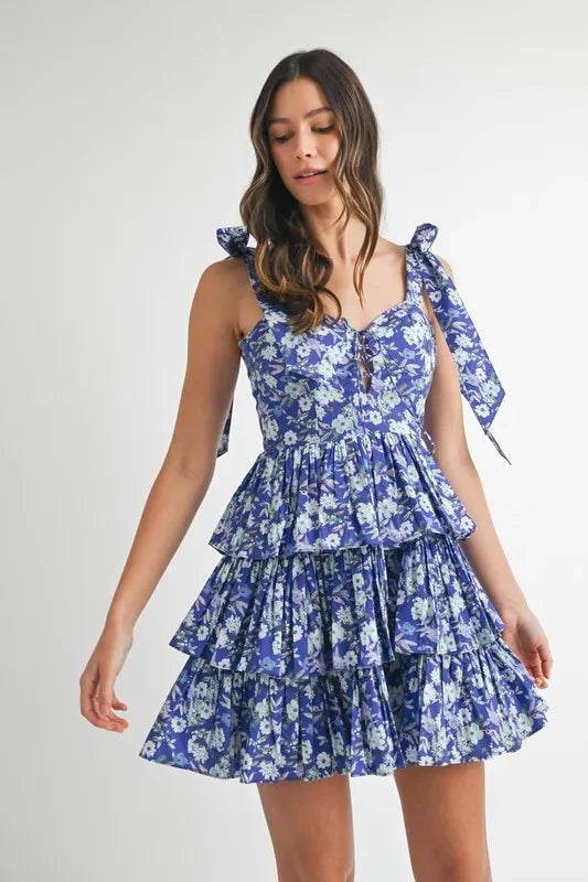 Floral Print Mini Dress with Shoulder Ties and Layered Design - Akana Style
