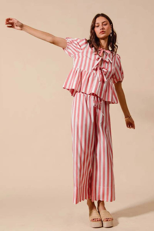 Front Tie Stripe Top Set with Puff Sleeves and Wide Leg Pants - Akana Style