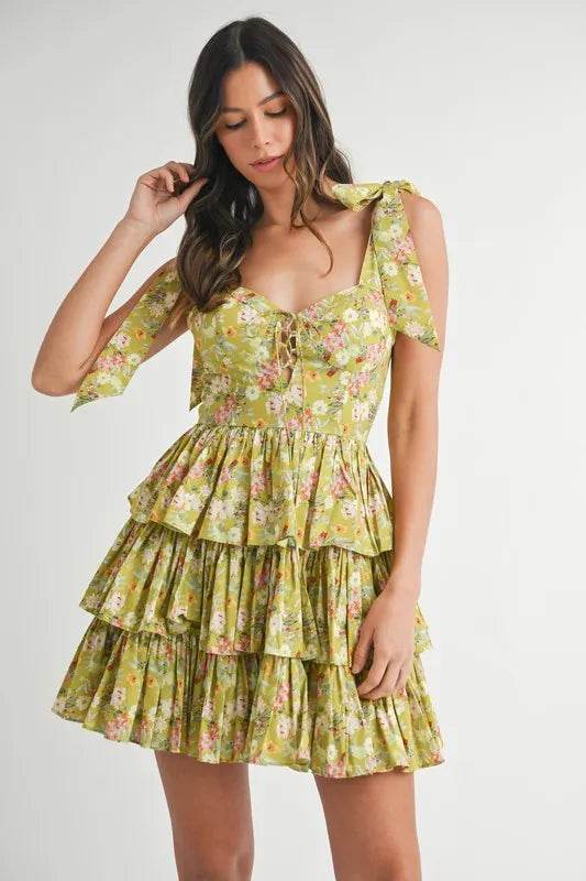 Floral Print Mini Dress with Shoulder Ties and Layered Design - Akana Style