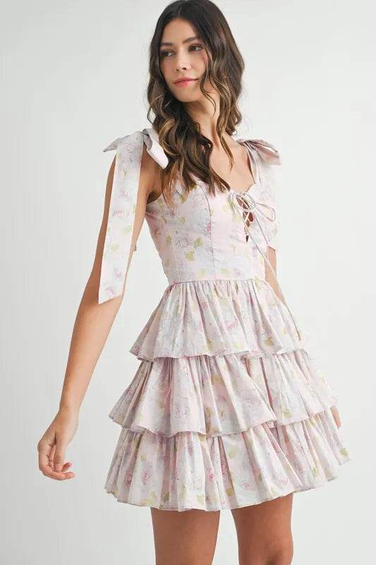 Floral Print Mini Dress with Shoulder Ties and Layered Design - Akana Style