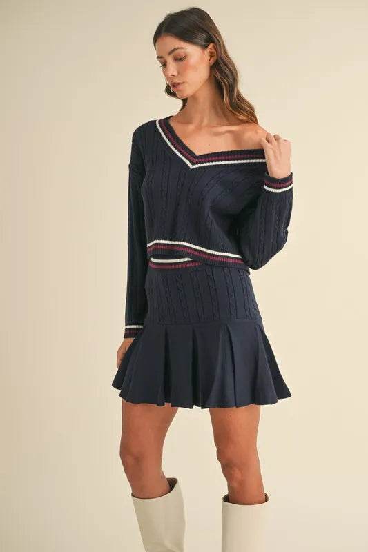 Cable-Knit Sweater Set with Pleated Skirt - Akana Style