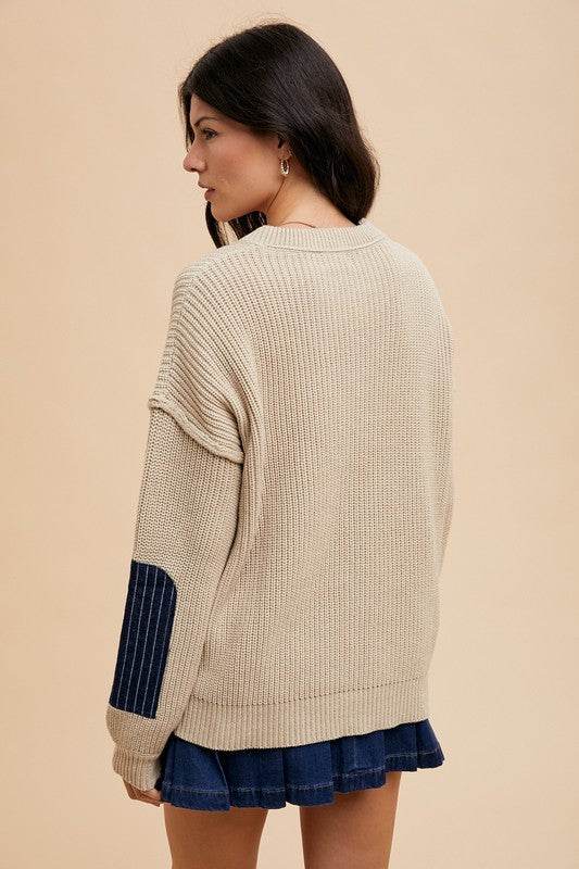 Contrast Round Neck Sweater with Patch Pocket and Drop Shoulder Design - Akana Style