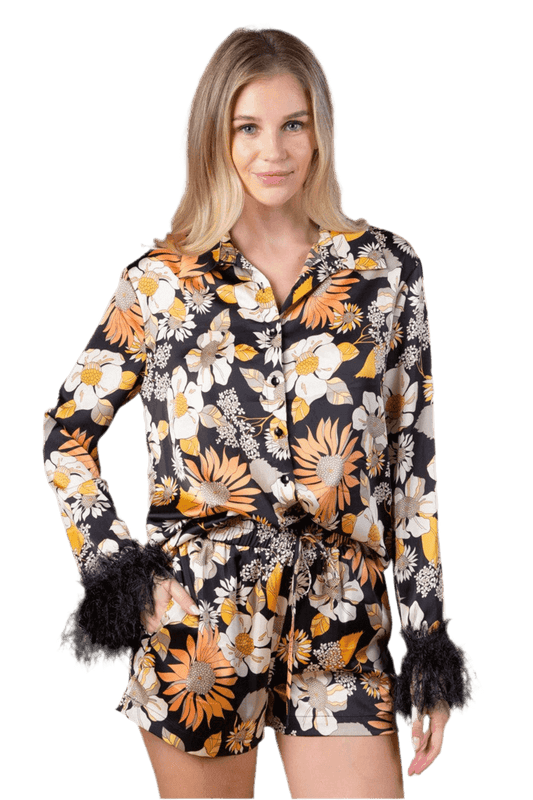 Front Button Shirt and Shorts Set with Faux Fur Trim for Stylish Comfort - Akana Style