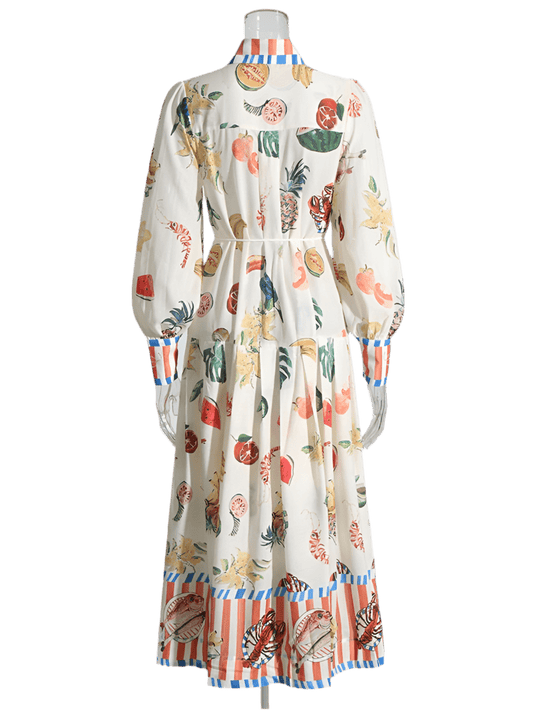 Women High Waist Patchwork Dress with Lapel Collar and Long Sleeves - Akana