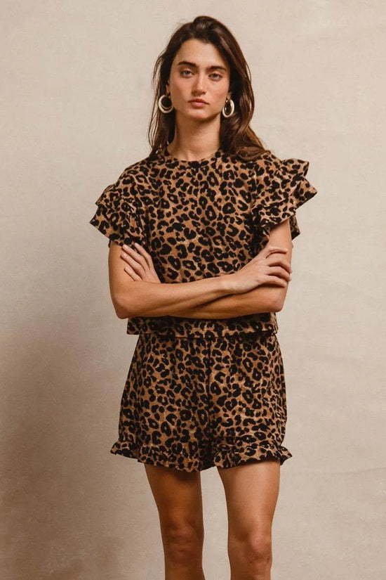 Leopard Print Ruffle Sleeve Set with Waffle Texture Layered Top and Shorts - Akana Style
