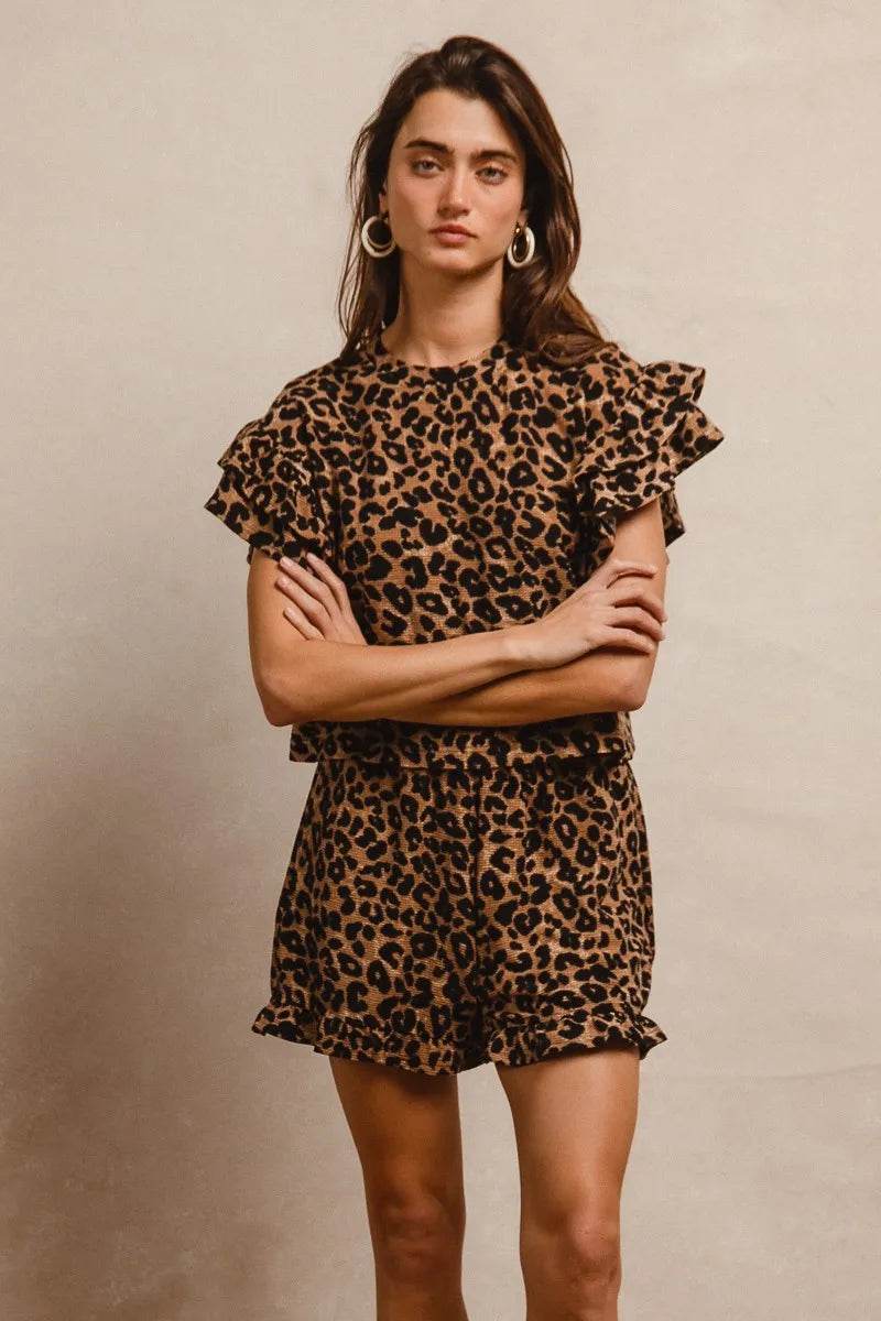 Leopard Print Ruffle Sleeve Set with Waffle Texture Layered Top and Shorts - Akana Style