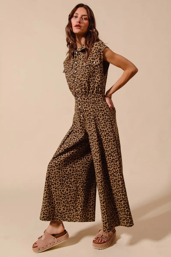 Wide Leg Leopard Twill Overalls Jumpsuit with Tuck - Akana