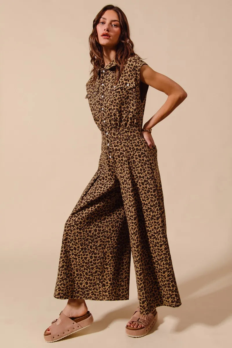 Wide Leg Leopard Twill Overalls Jumpsuit with Tuck - Akana