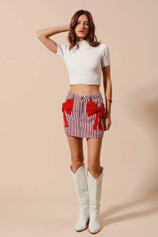 Contrast Bow Knot Pocket Fourth Of July Denim Skirt - Akana Style
