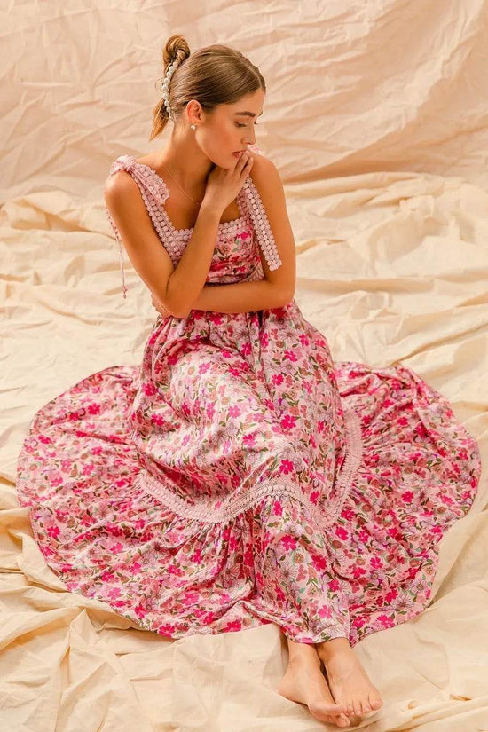 Floral Maxi Dress With Ribbon Tie Lace Strap - Akana Style