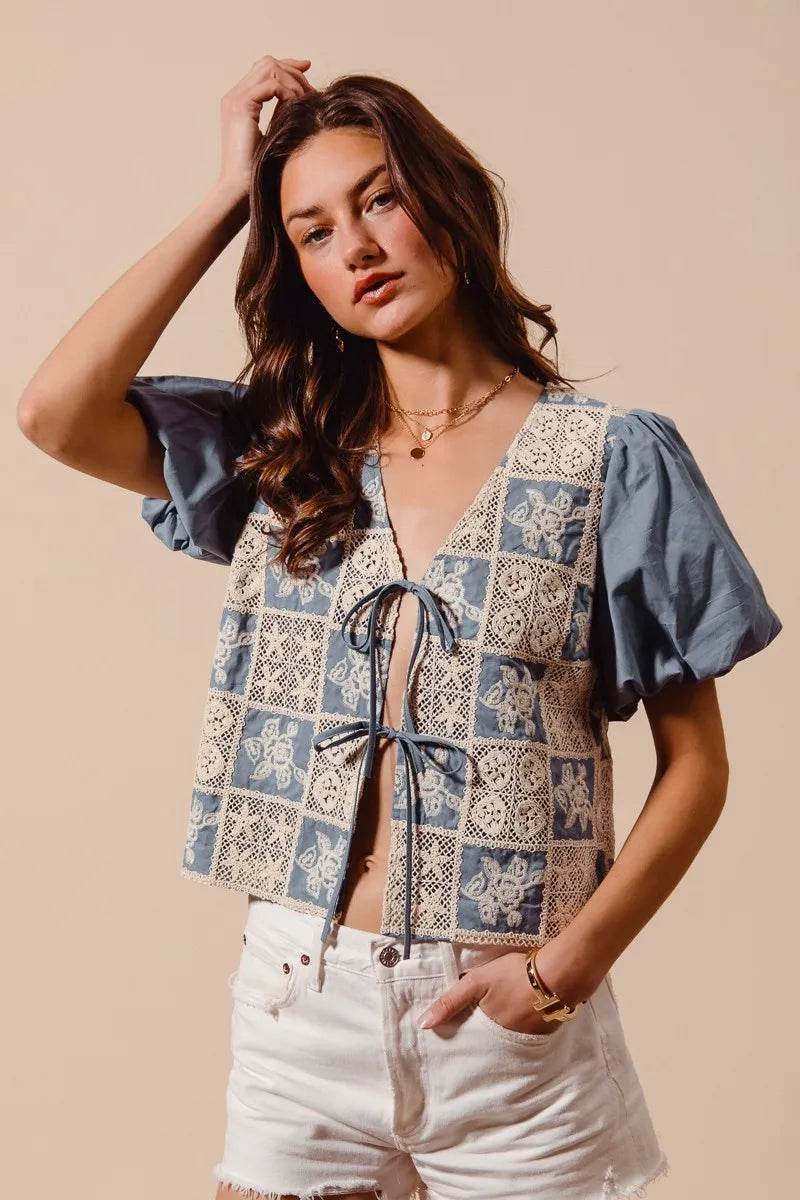 Crochet Lace Blouse with Tie Front V Neck Design - Akana Style