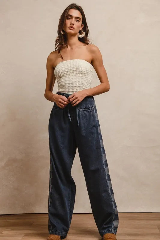 Washed Denim Mix And Match Long Pants - Akana