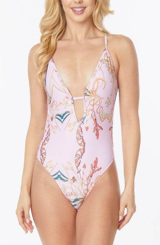 Floral Print One Piece Bathing Suit with Deep Cut Front - Akana Style