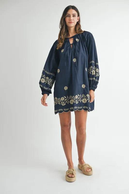 Embroidered Peasant Mini Dress with Long Sleeves - Akana Style