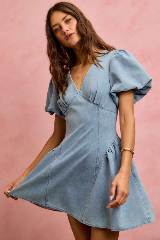Bubble Sleeves Denim Fit And Flare Mini Dress