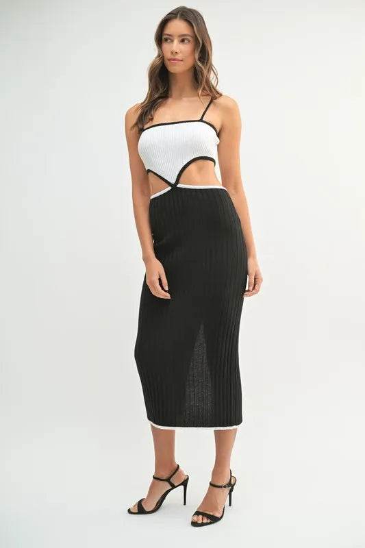 Ribbed Knit Color Block Dress with Cutout - Stylish Midi Dress - Akana Style