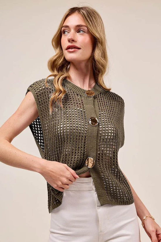 Big Metal Button Sweater Vest with Front Openwork Design - Akana Style