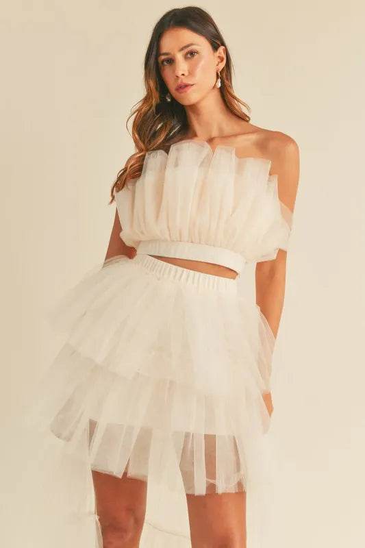 Tulle Ruffle Crop Top Set with Maxi Skirt for Stylish Outfits - Akana Style