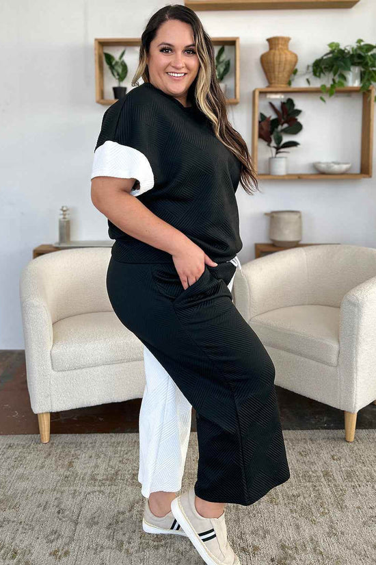 Double Take T-Shirt and Pants Set - Full Size Texture Contrast Outfit - Akana Style