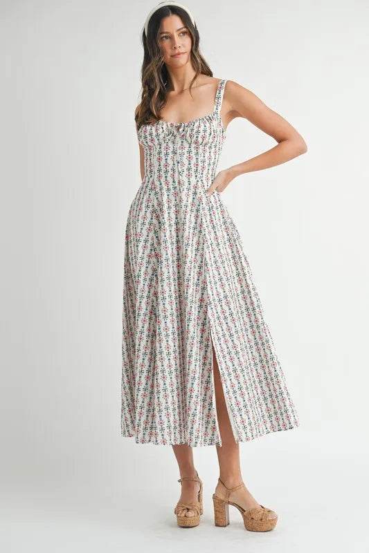 Floral Print Midi Dress with Bustier Back Lace Up Design - Akana Style