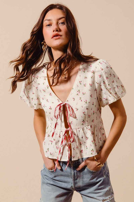Ditsy Floral Print Gauze Tie-Front Blouse