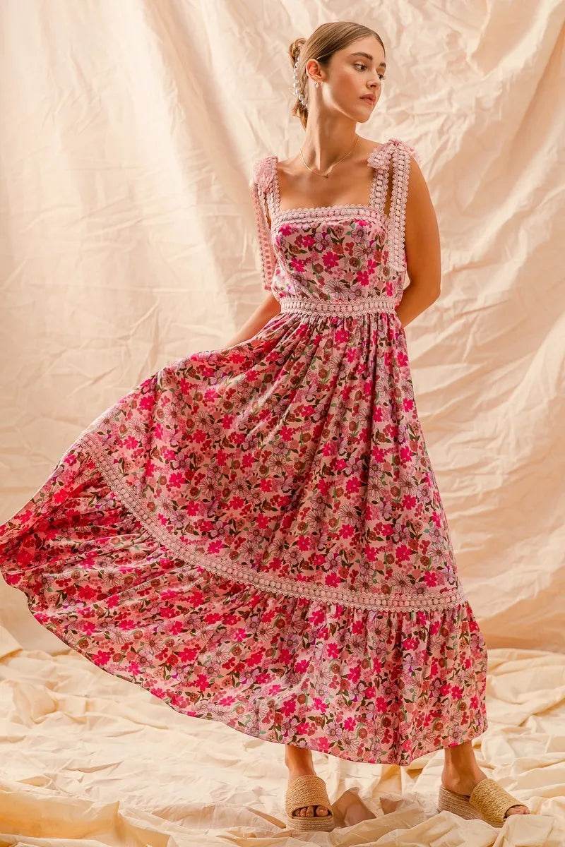 Floral Maxi Dress With Ribbon Tie Lace Strap - Akana Style