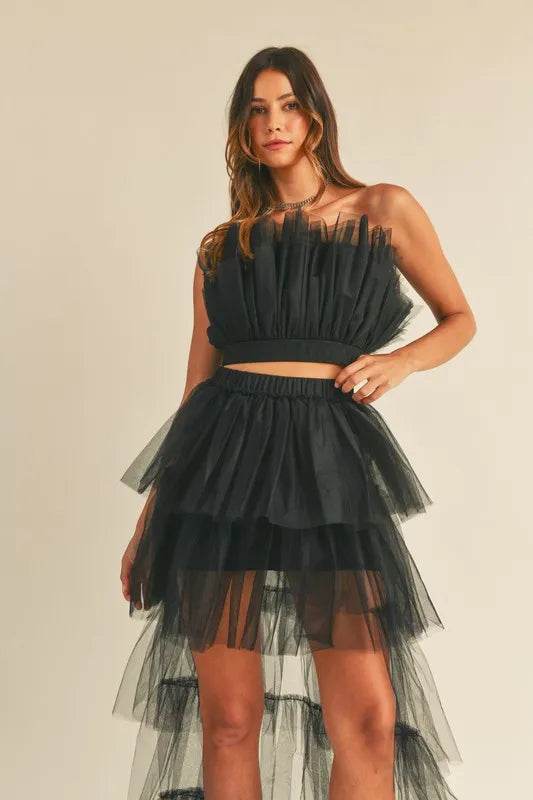 Tulle Ruffle Crop Top Set with High Low Maxi Skirt - Akana Style