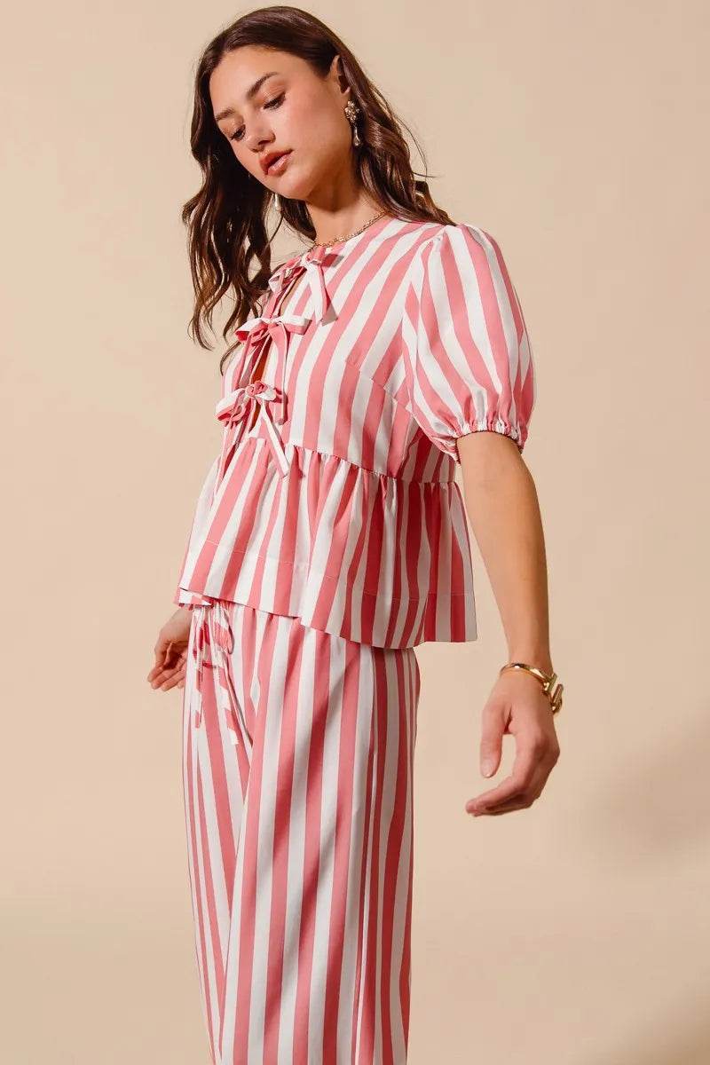 Front Tie Stripe Top Set with Puff Sleeves and Wide Leg Pants - Akana Style