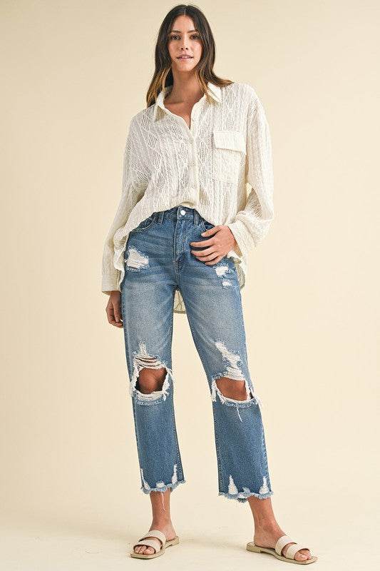 Distressed Cropped Jeans with Raw Hem for Trendy Style - Akana Style