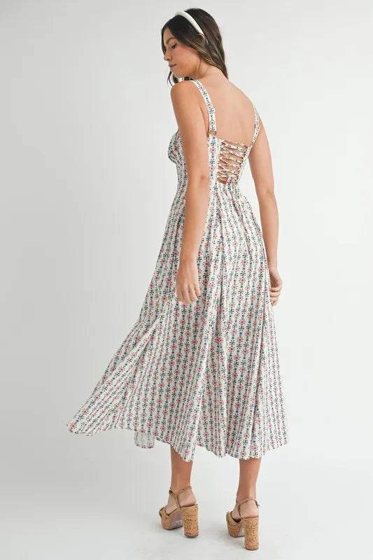 Floral Print Midi Dress with Bustier Back Lace Up Design - Akana Style