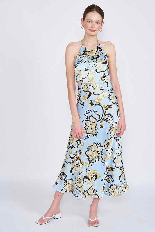 PRINTED HALTER NECK MAXI DRESS - Akana Style