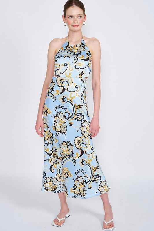 PRINTED HALTER NECK MAXI DRESS - Akana Style