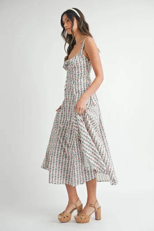 Floral Print Midi Dress with Bustier Back Lace Up Design - Akana Style