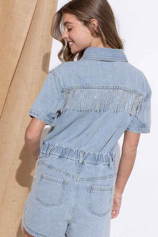 Washed Denim Overall Romper - Akana